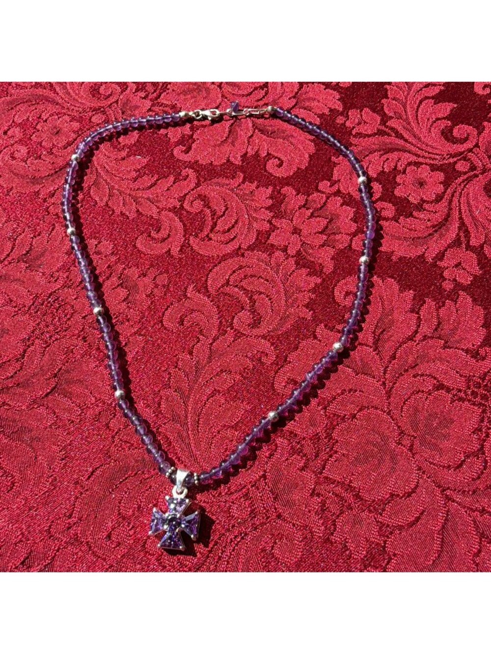 Vintage 925 Sterling Silver Amethyst Beaded Necklace 18" Maltese Cross Pendant